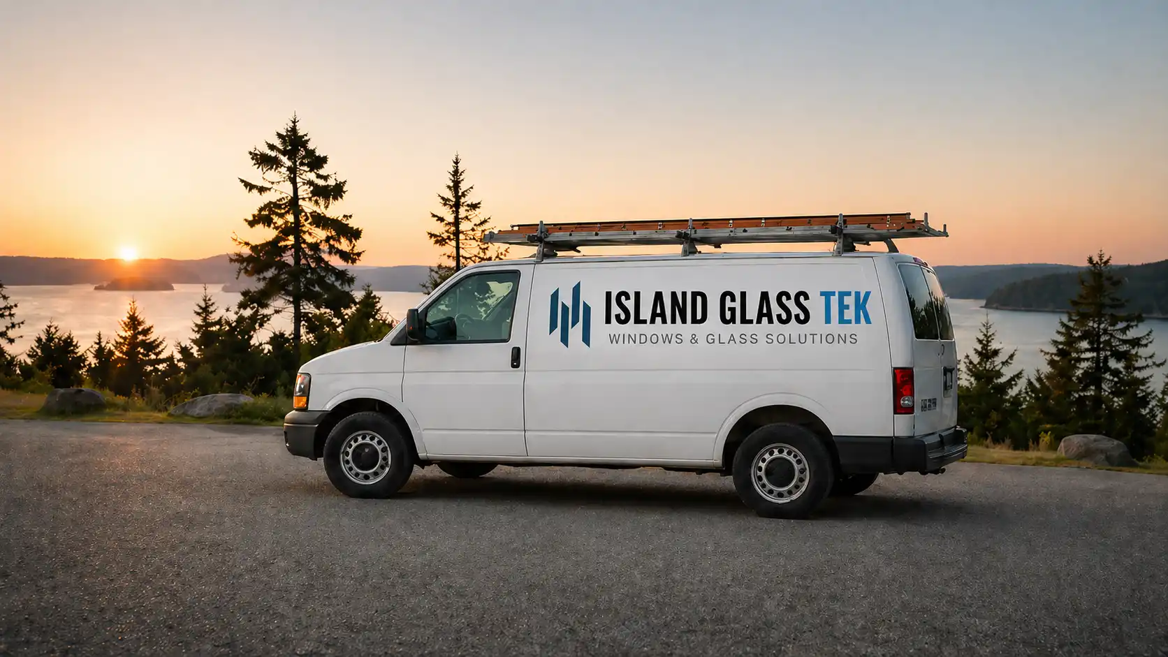 Island Glass Tek truck at sunset